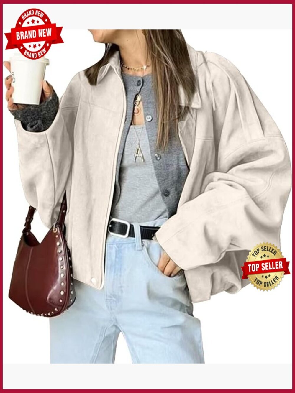 Faux Suede Bomber Jacket Oversized Lapel Y2K Pilot Coat Long Sleeve Casual
